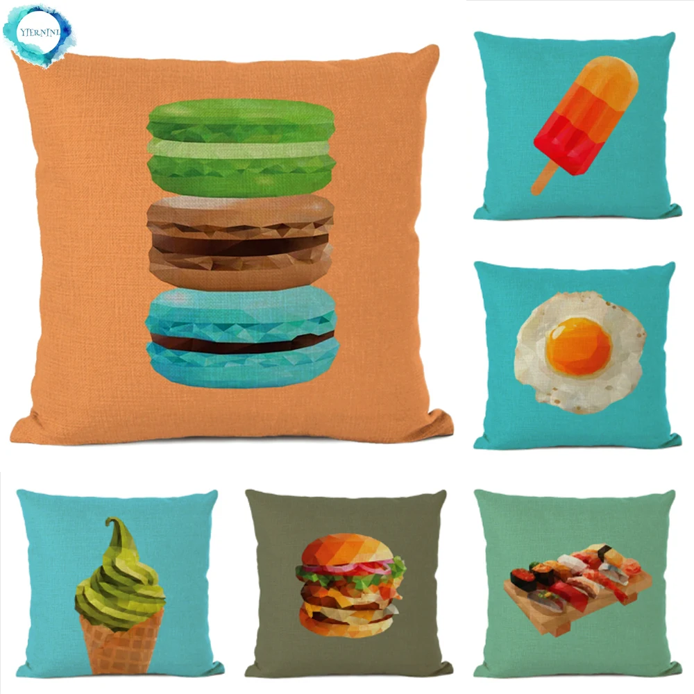 Cartoon Food Ice Cream Burger Macaron Cotton Linen Cushion Cover Poached Egg Popsicle Cake Decorative Sofa Throw Pillow Cover