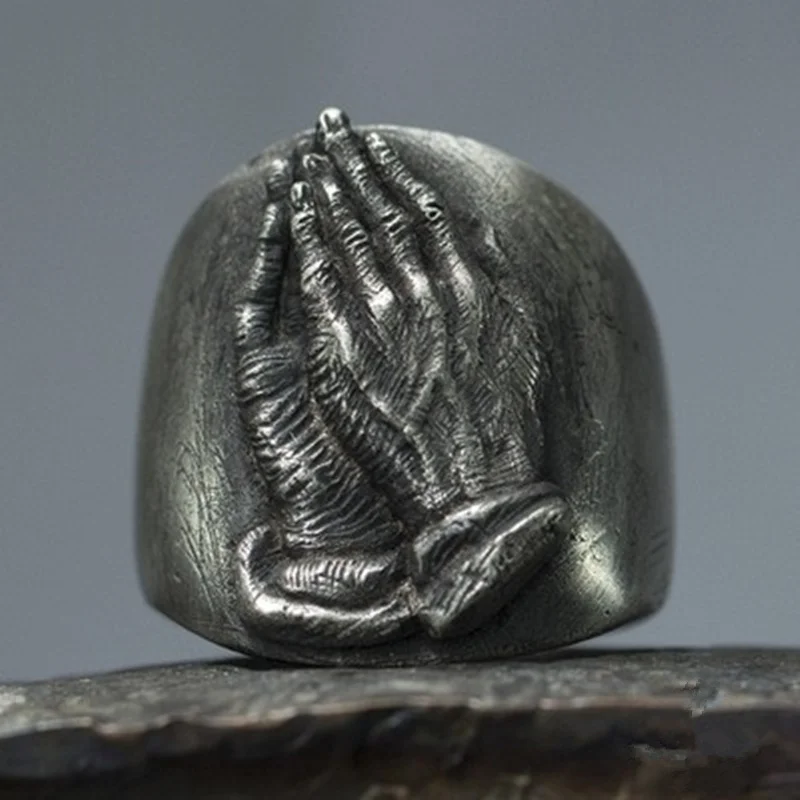 EYHIMD Unique Mens 316L Stainless Steel Ring Vintage Virgin Mary Praying Lucky Hands Men's Ring Party Biker Jewelry Gift for him