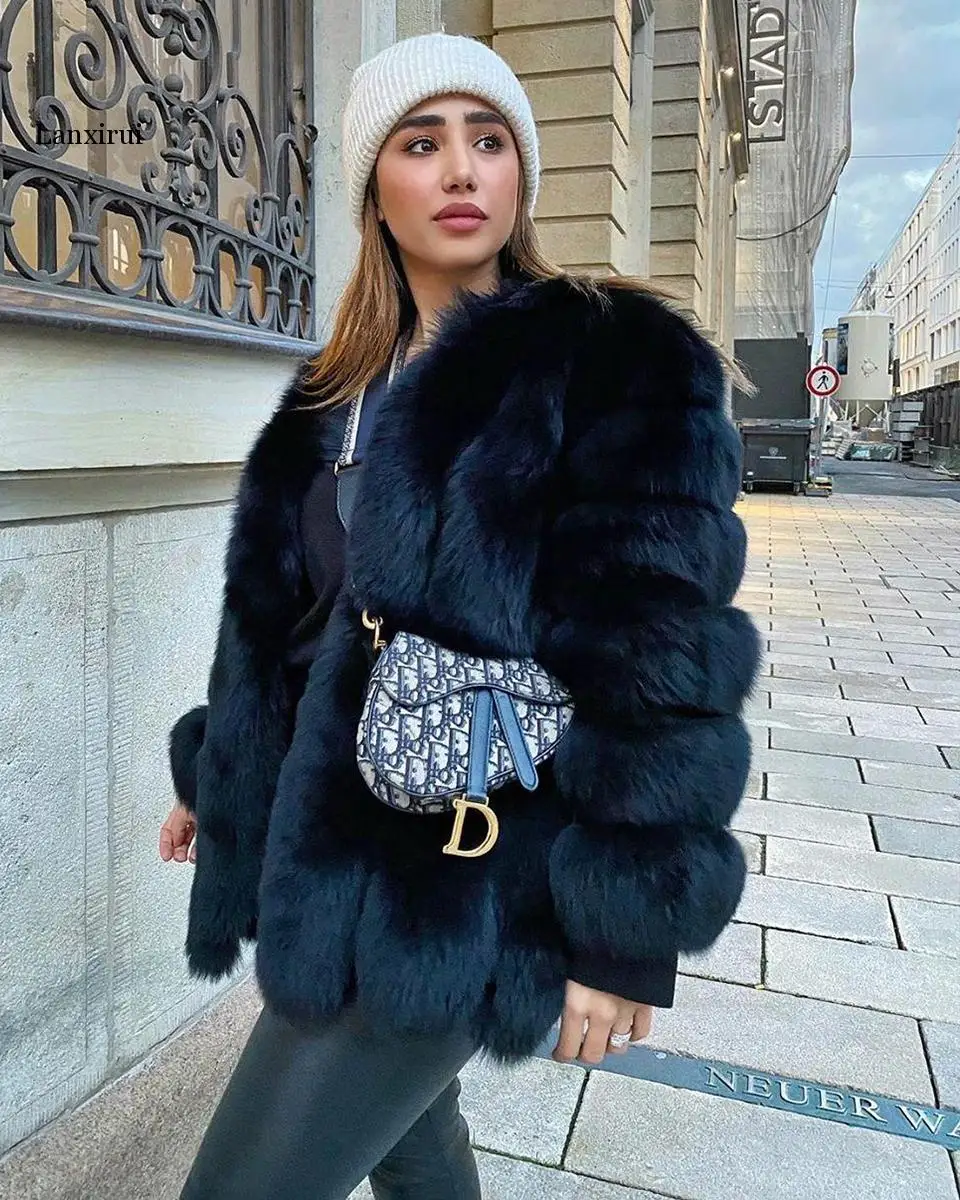 Fake Fox Fur Coat Silver Fox Fur Coat Women Winter black Coats Long Sleeve Jacket Outerwear Women Fashion casaco feminino