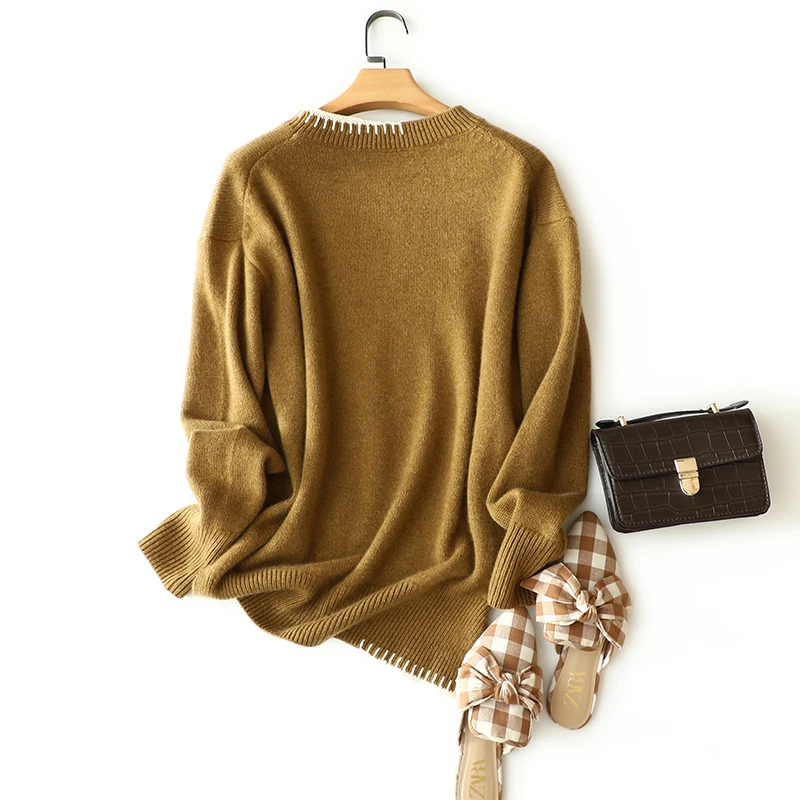 100% Cashmere Sweater Women Casual Style Solid 3 Colors Loose Pullover Sweatshirt V Neck Long Sleeves New Fashion