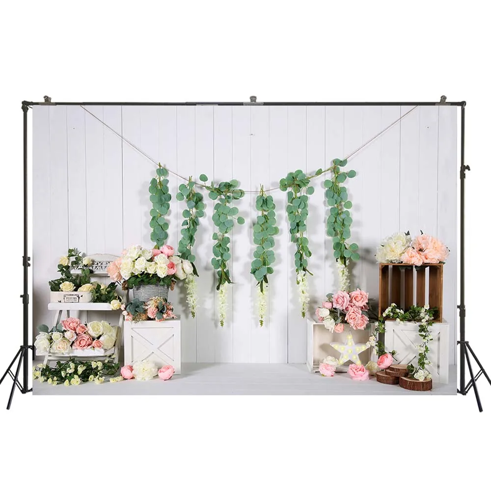 Photography Backdrop White Wood Wall Spring Floral Background Children Newborn Baby Birthday Decorations Studio Props W-4334