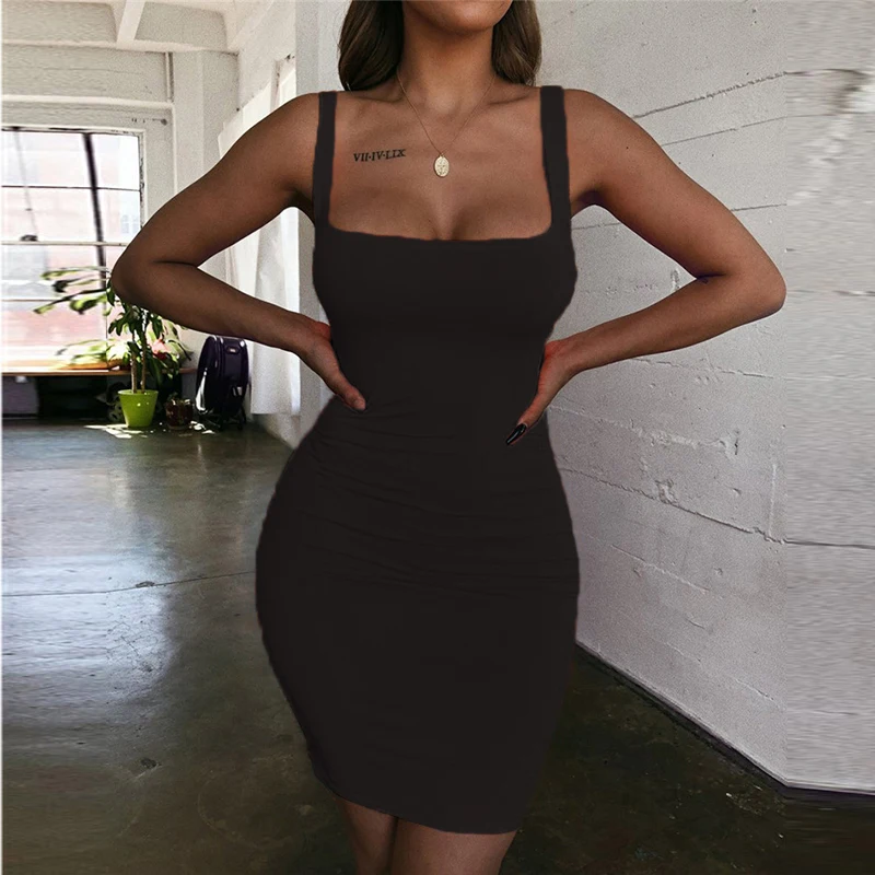 2021 Square Neck Sleeveless Shoulder Bodycon Mini Dress Basic Women Summer Black Backless Party Sexy Yellow Clubwear Dresses