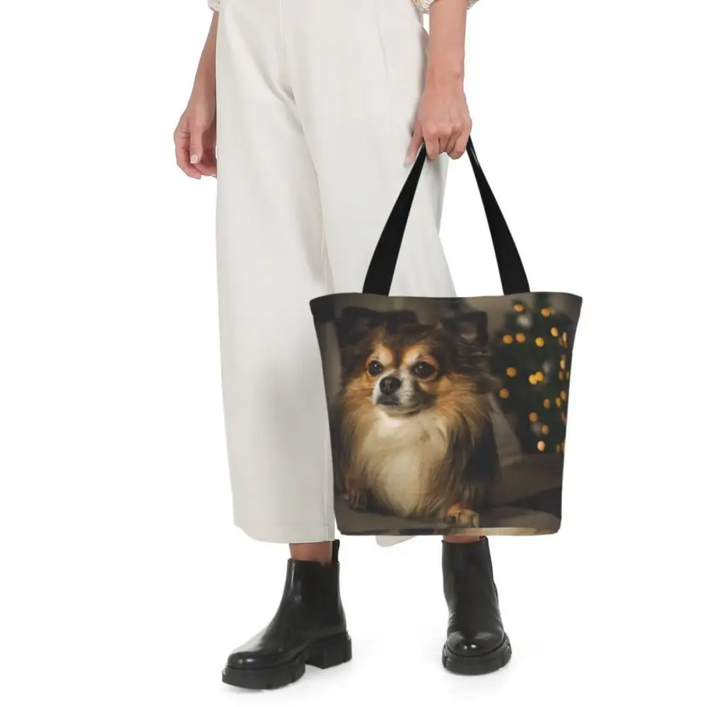 Cute Papillon Dog Print Canvas Tote Bag High Quality Reusable Shopping Bag Simple Shoulder Handbag Portable Folding Shopper Bag