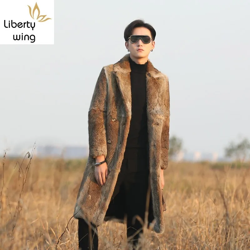 Runway Men Genuine Rabbit Overcoat Luxury Long Slim Real Fur Coat Business Casual Winter Double Breasted Shearling Jacket