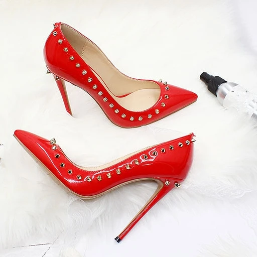 Sexy Woman Heel New Stilettos High Heels Spring Autumn Patent Leather Pointed Toe Women Rivet Ladies Pumps Shoes Big Size D031A