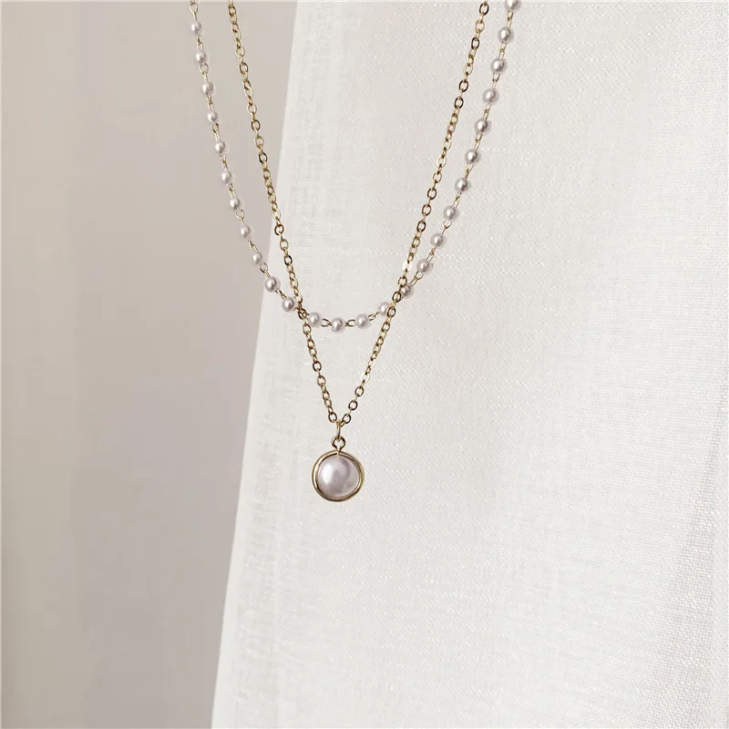 Doppel-schichten Imitation Perle Halsketten für Frauen Runde Perle Anhänger Halskette Koreanische Mode Charme Hals Zubehör Collares – Detail 5