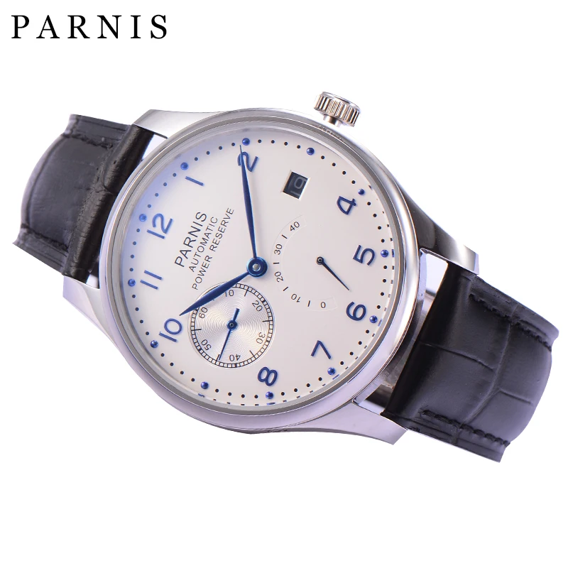 Parnis 43mm White Dial Mechanical Watches Men Power Reserve Calendar Waterproof Automatic Watch Leather Strap Relogio Masculino