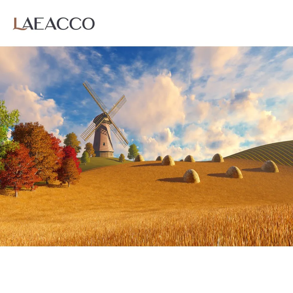 Laeacco Autumn Rural Farm Windmill Harvest Season Wheat Blue Sky Cloudy Natural Scenic Photo Background Photo Backdrop Photocall