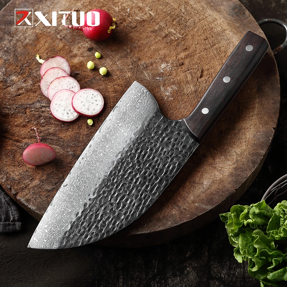 XITUO Japanese Professional Chef Knife Handmade Damascus Steel VG10 Core Blade Ebony Wood Handle Cutting Cooking Gyuto Knives