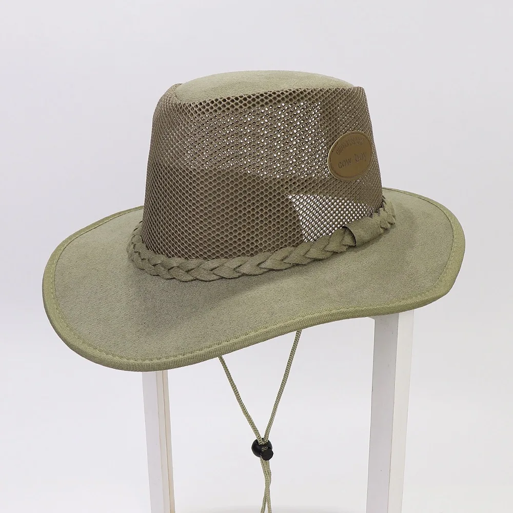 Summer Man Cowboy Hats Casual Style Suede Breathable Mesh Labeling Decoration Large Brim Sunshade Outdoor Travel Cool Caps