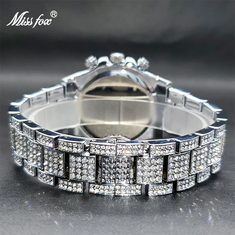 Relógio masculino missfox marca de moda luxo design clássico preto diamante gelado para fora relógios para masculino calendário automático relógio