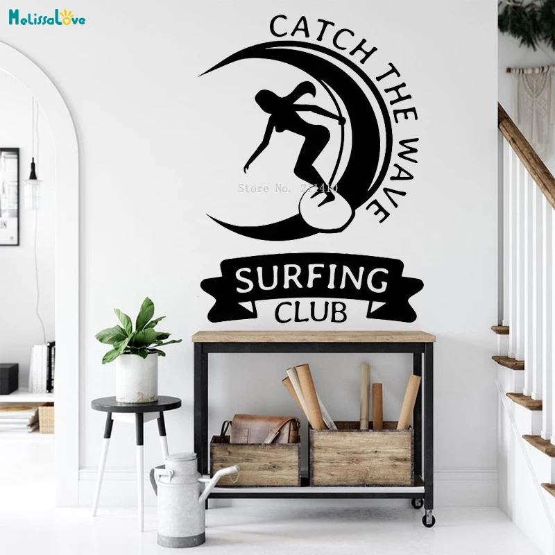 Catch The Wave Wall Decal Surfing Club Brave Man Extreme Water Sports Decor Surfer Board Vinyl Window Poster YT4558