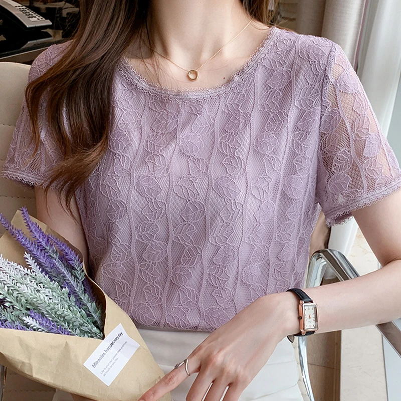 Summer Women Blouse Short Sleeve O-Neck Hollow Lace Blouse Shirt Blouse Women Blusas Mujer De Moda 2024 Blouses Top Femme E953