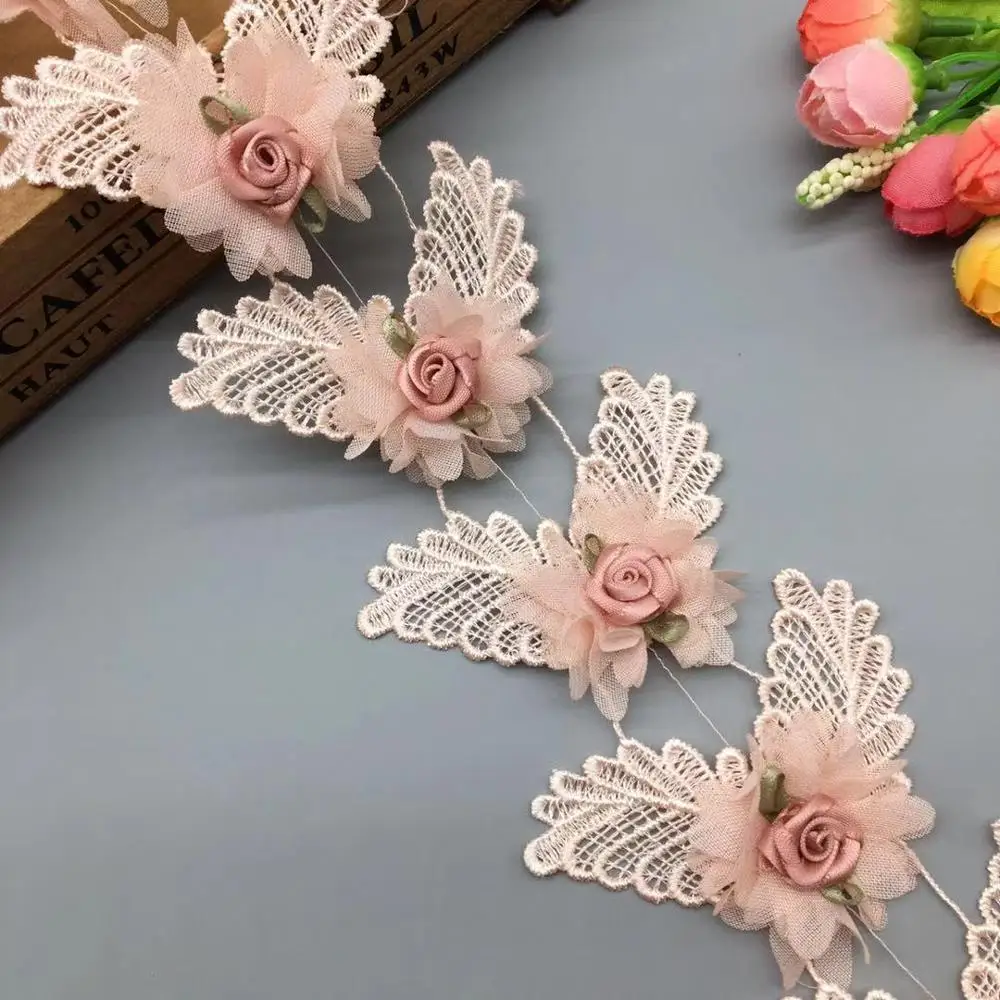 1 yard 3D Flower Pink Lace Dress for Wedding Dress Lace Trim Applique Ribbon Embroidered Fabric Sewing Craft DIY Decoration