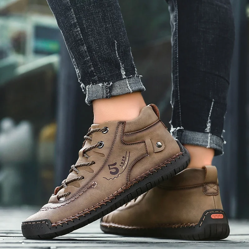 Autumn Spring Men Sneakers Medium-cut Boots Male Vintage Leather Handmade Shoes Sneakers xl Size 48 Retro Frosty Boots