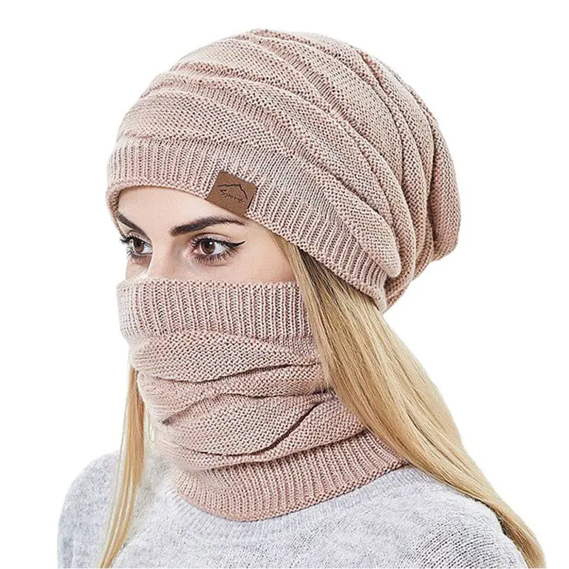 Winter Beanie With Scarf Set Warm Knitted Baggy Skull Cap Neck Warmer Snow Skiing Hat And Bib For Men Women