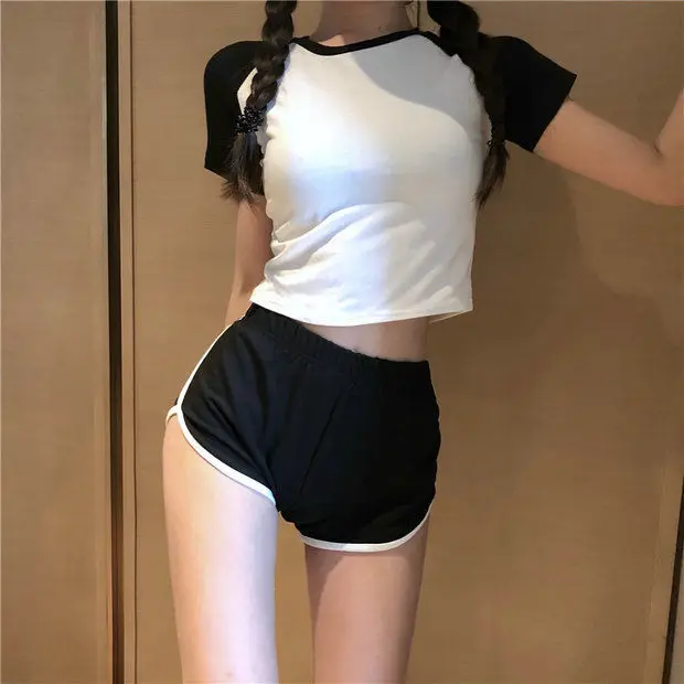 Two Piece Summer T-Shirt Women Short Sleeve Sport Tops Tee and High Waist Casual Shorts Black White 2022 Women's Sets