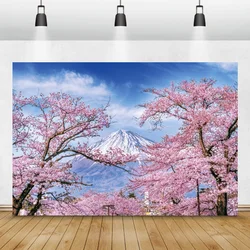 Laeacco Pink Cherry Blossom Flowers Fuji Mountain Background Photography Tree Blue Sky Scenic Photography Backdrops Photo Studio