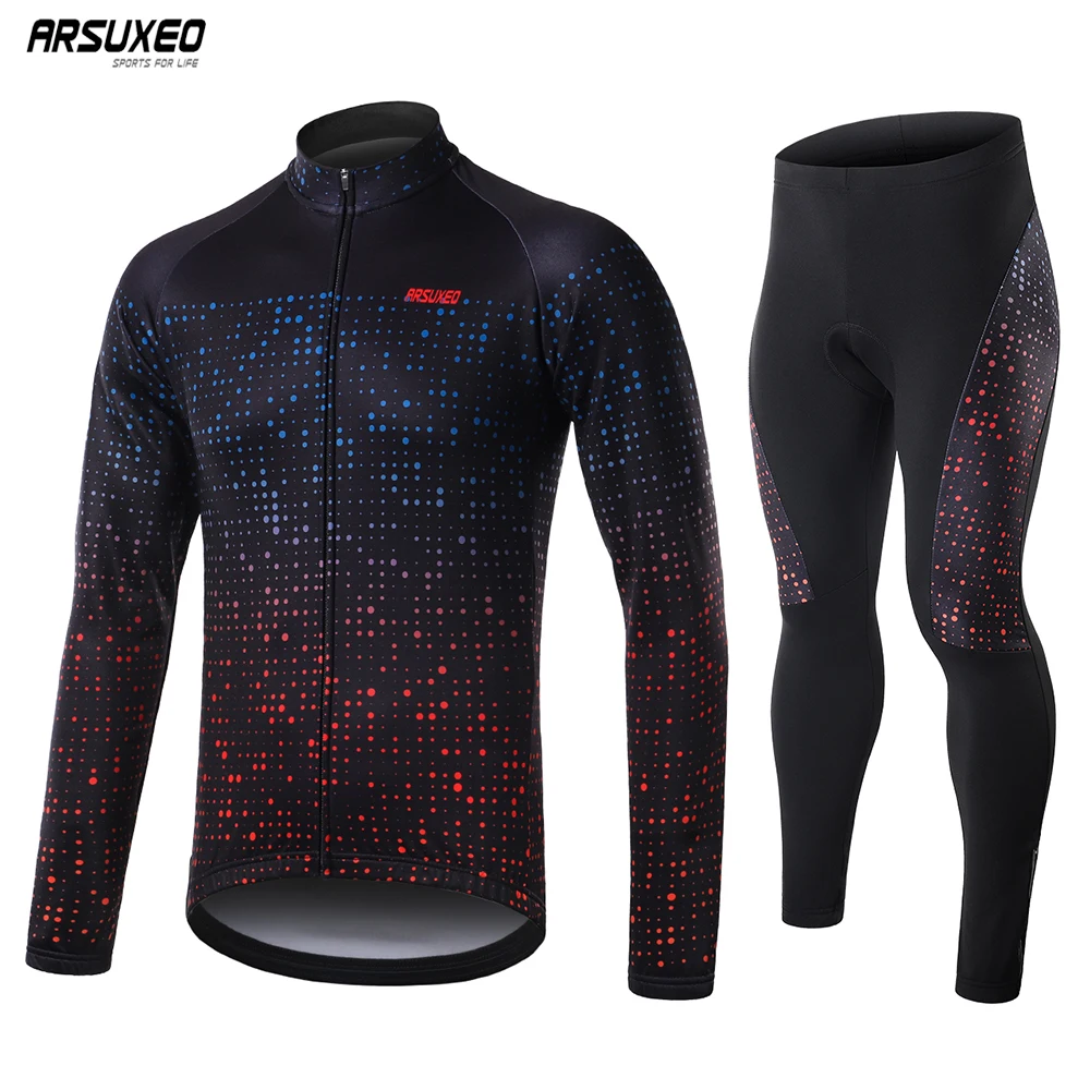 

ARSUXEO Men's Winter Fleece Cycling Jersey Set Pro Long Sleeve Cycling Clothing Mountain Bike Pants MTB Bicycle Suits Wear ZF0X