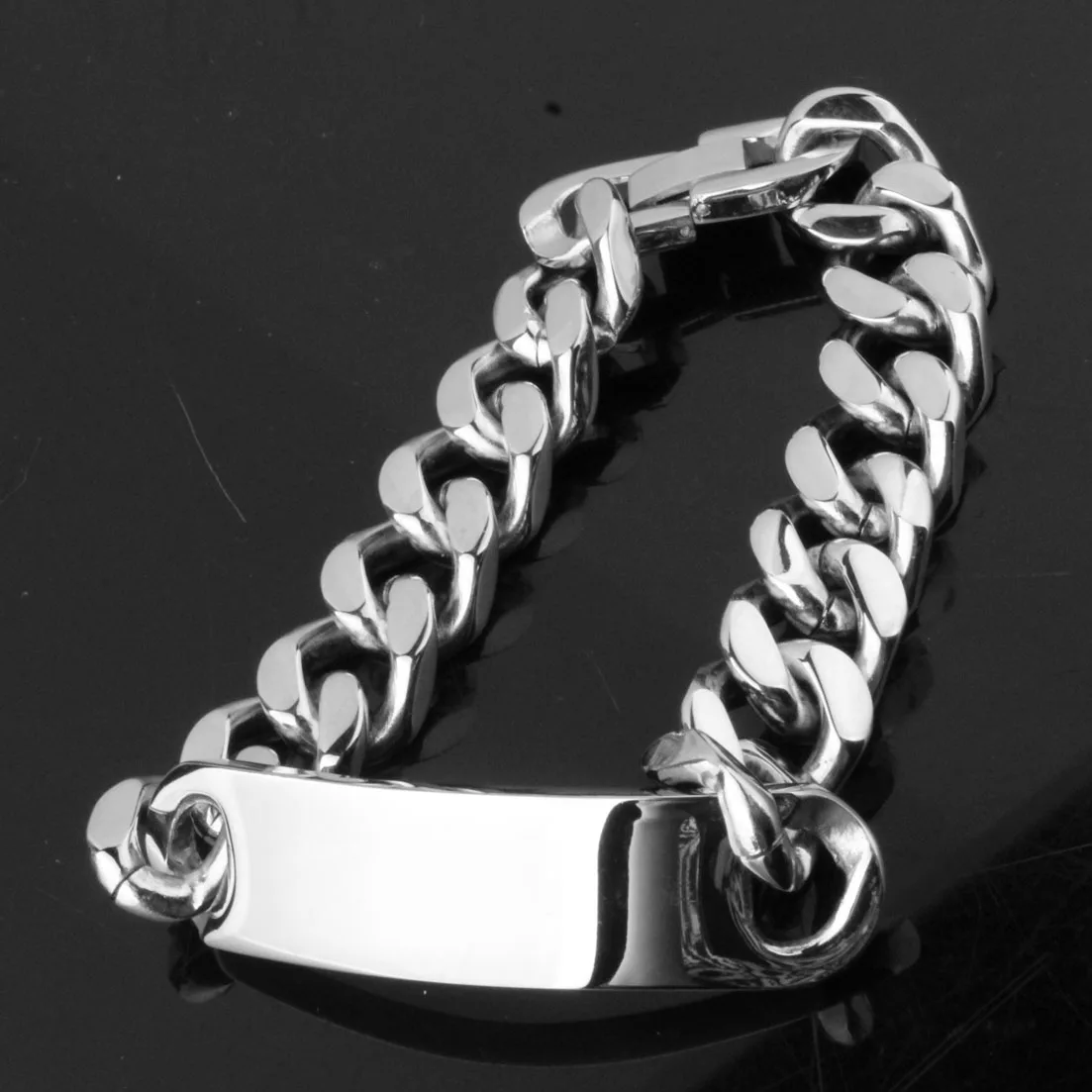 Jewelry Men ID Bracelet Cuban links & chains Polished Silver Color Stainless Steel Bracelet for Bangle Male Accessory Wholesale