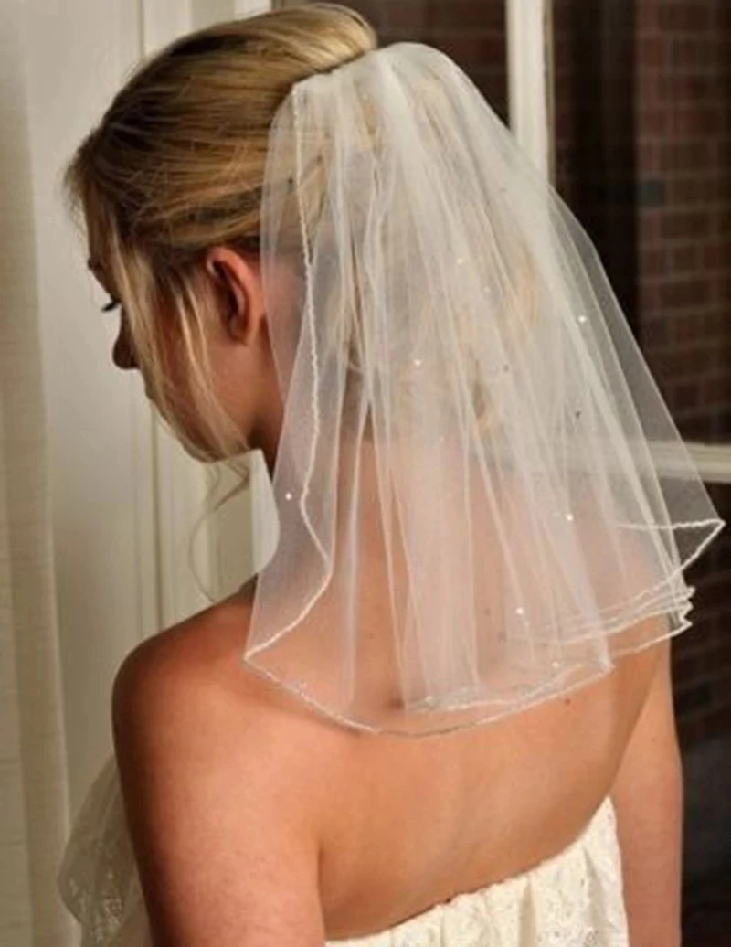 

Элегантная Свадебная короткая фата цвета слоновой кости с бисером, 1T с расческой