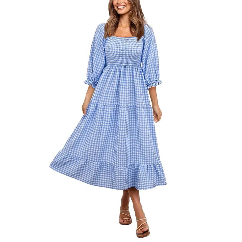 

New Women's Casual Bohemian Three Quarter Spring Autumn Mid Length Dress Adult Off Shoulder Pleated Puff Seeve Plaid