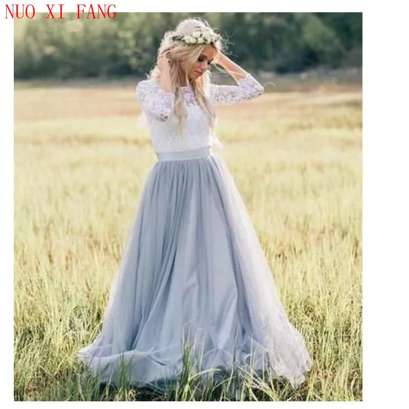 NUOXIFANG 2022 Cheap Fairy Boho Wedding Dress Lace Long Sleeves Tulle Simple Princess Bride Dress Custom Made Wedding Gown