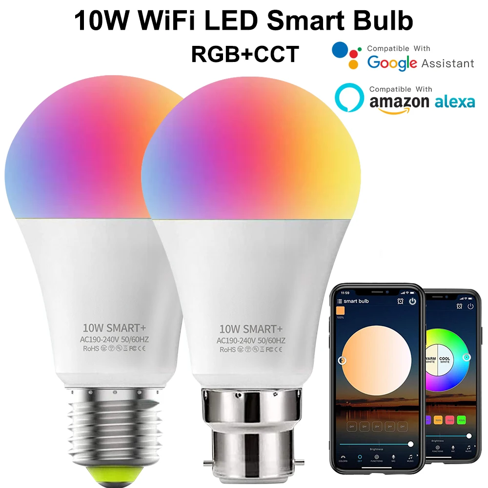 10W E26 E27 Smart Light Bulbs Indoor Voice Control RGB+CCT WiFi Smart Bulb Work With Amazon Alexa/ Google Home/ IFTTT/SIRI