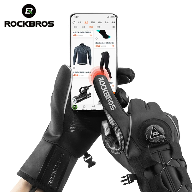 ROCKBROS MTB Winter Gloves For Bicycle Touch Screen Adjustable Winter Warm Fleece Gloves Bike Windproof Ski Sport Mens Gloves