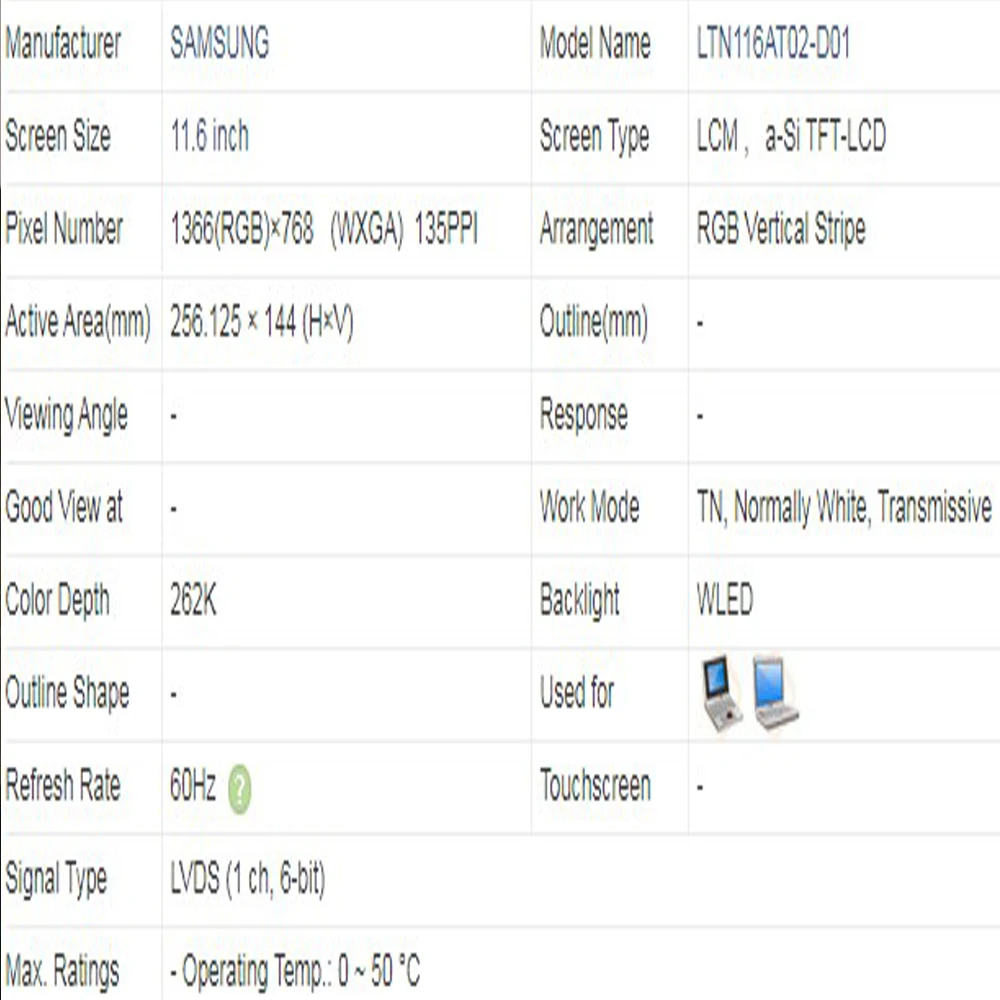 LTN116AT02-D01 LTN116AT02 D01 11.6 Inch 1366*768 LVDS 40 Chân Laptop Màn Hình Lcd
