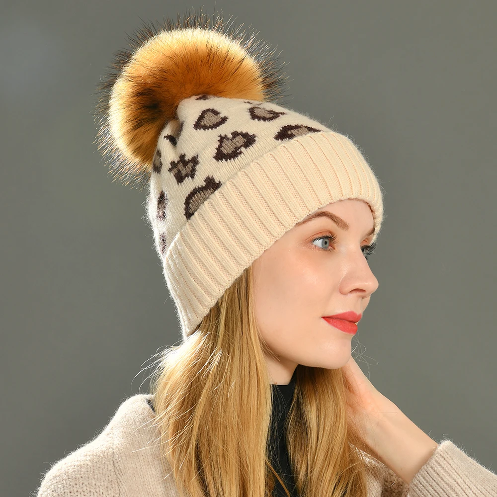 Jxwatcher Winter Hat Soft Wool Cashmere Knitted Beanie With Real Big Raccoon Fur Pompom Bonnet Wholesale Leopard Women Beanies