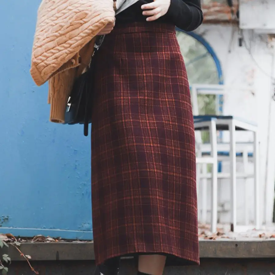 

Hight Waist plaid Woolen Midi Skirt New autumn winter Women Vintage Fashion a-line skirt