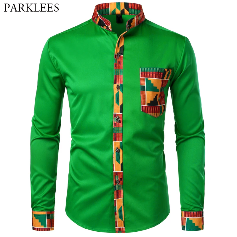 Dashiki African Mens Shirt Patchwork Pocket Africaine Print Shirt Men Ankara Style Long Sleeve Design Collar Mens Dress Shirts