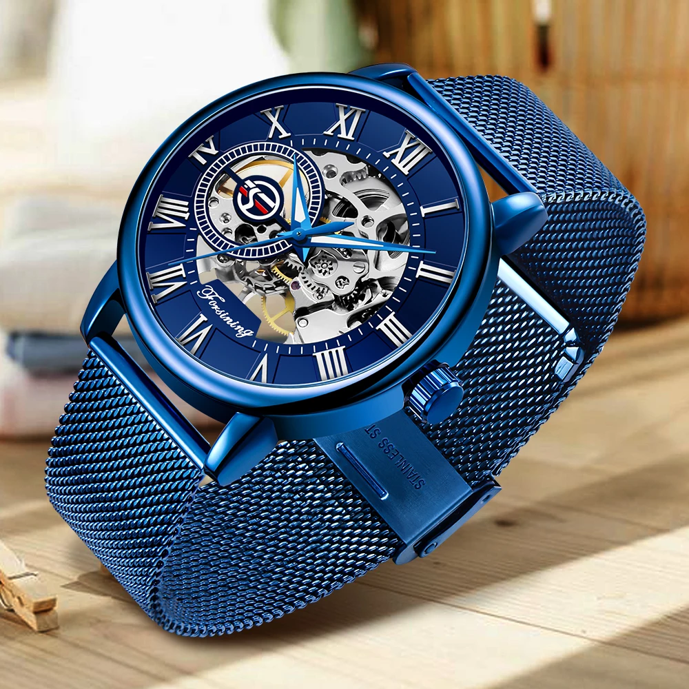 

Forsining Logo Design Hollow Engraving All Blue Case Mesh Steel Skeleton Mechanical Watches Men Luxury Brand Heren Horloge