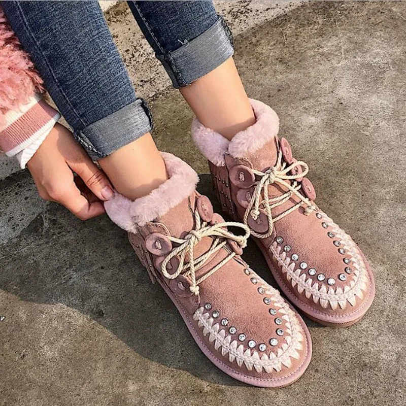 

Crystal Lace Up Snow Boots Wool thickened Warm Winter Women Shoes Round Toe Tassel Cowhide Leather Top Quality Booties Ankle