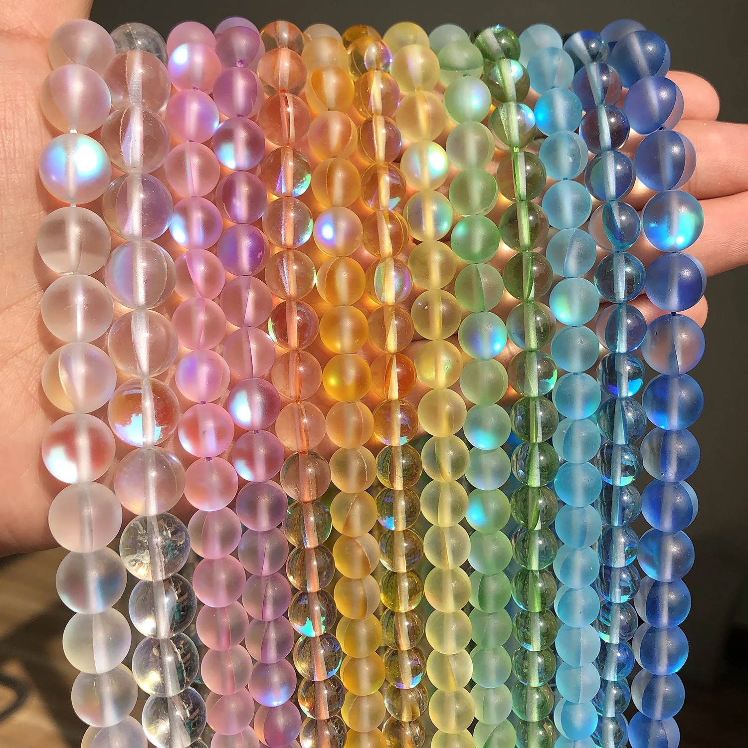 Matte Kristallglasperlen, gefrosteter Mondstein, glitzernd, rund, lose Perlen für die Schmuckherstellung, DIY-Halskette, Armband, 15 Zoll – Detail 3
