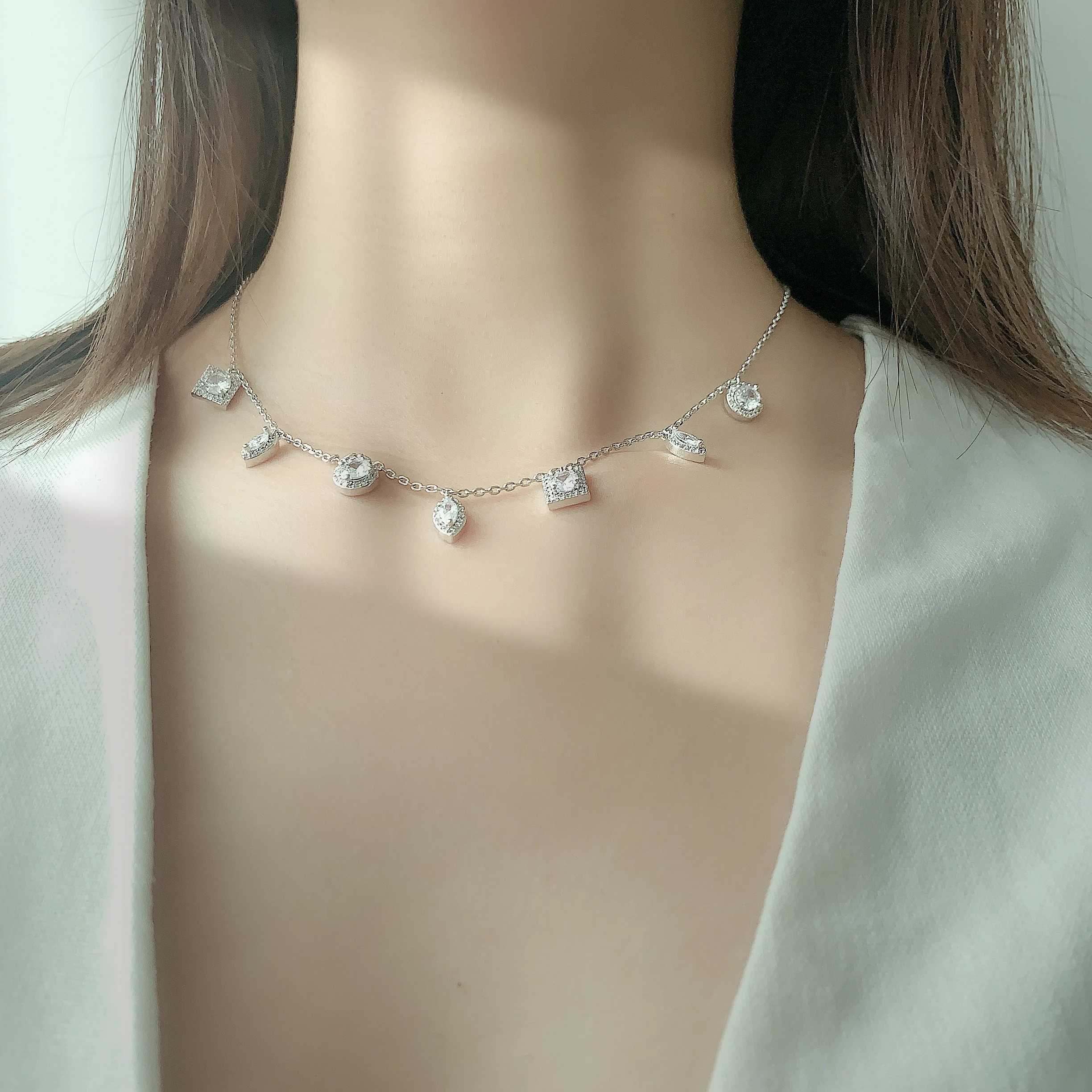 Classic 925 Sterling Silver 3 colors Zircon Pendant Sexy Fine Thin Clavicle  Necklace Chain Jewelry GL001
