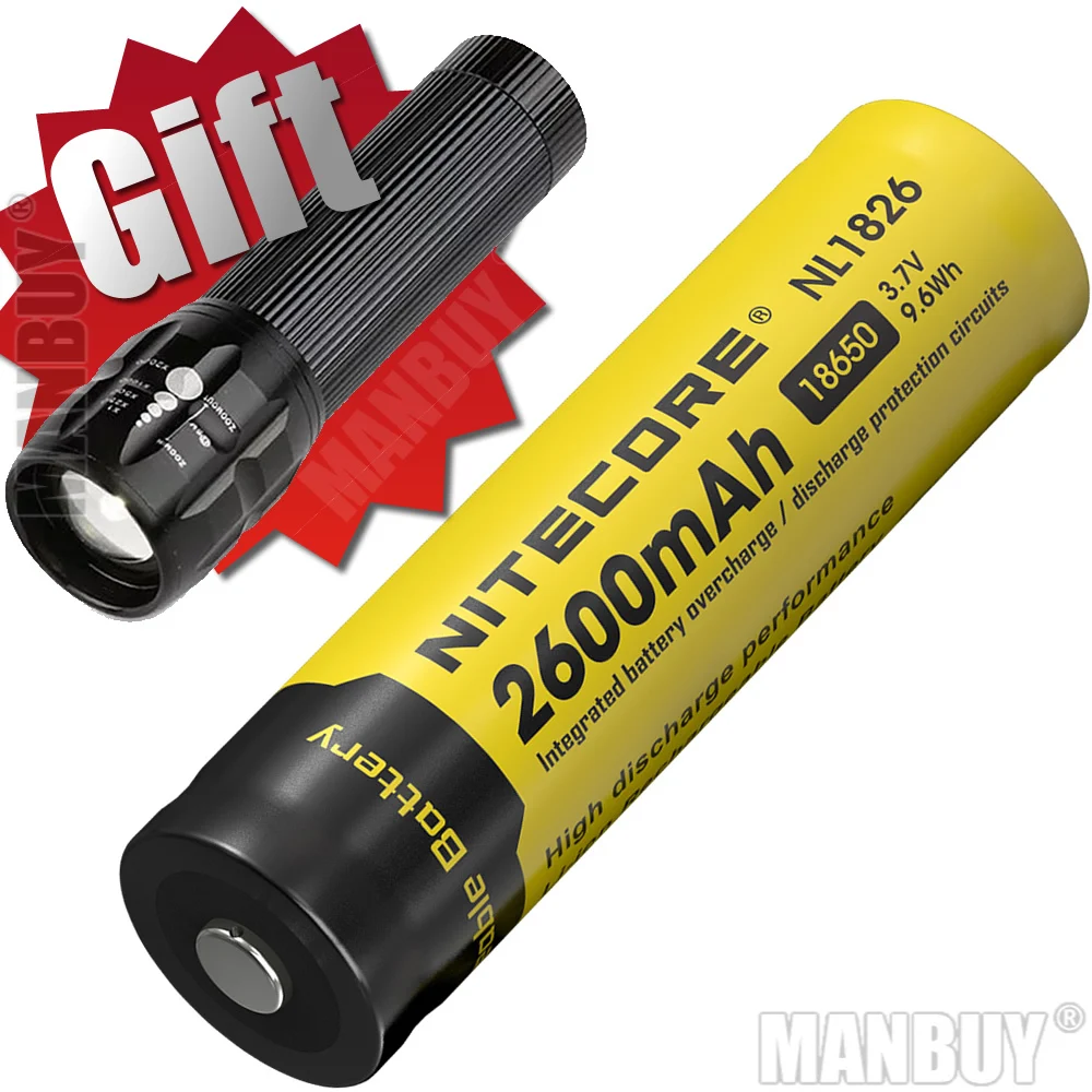 

2024 NITECORE NL1826 2600mAh 3.7V 9.6Wh Protected 18650 Li-ion Rechargeable Battery Button Top High Drain Device FREE FLASHLIGHT