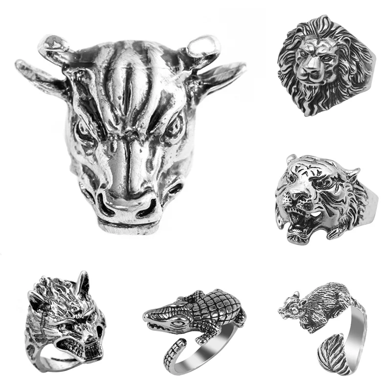 Retro Gothic Bull Ring Men Domineering Lion Tiger Wolf Animal Ring Punk Wind Nightclub Ring Student Trend Jewelry Gift