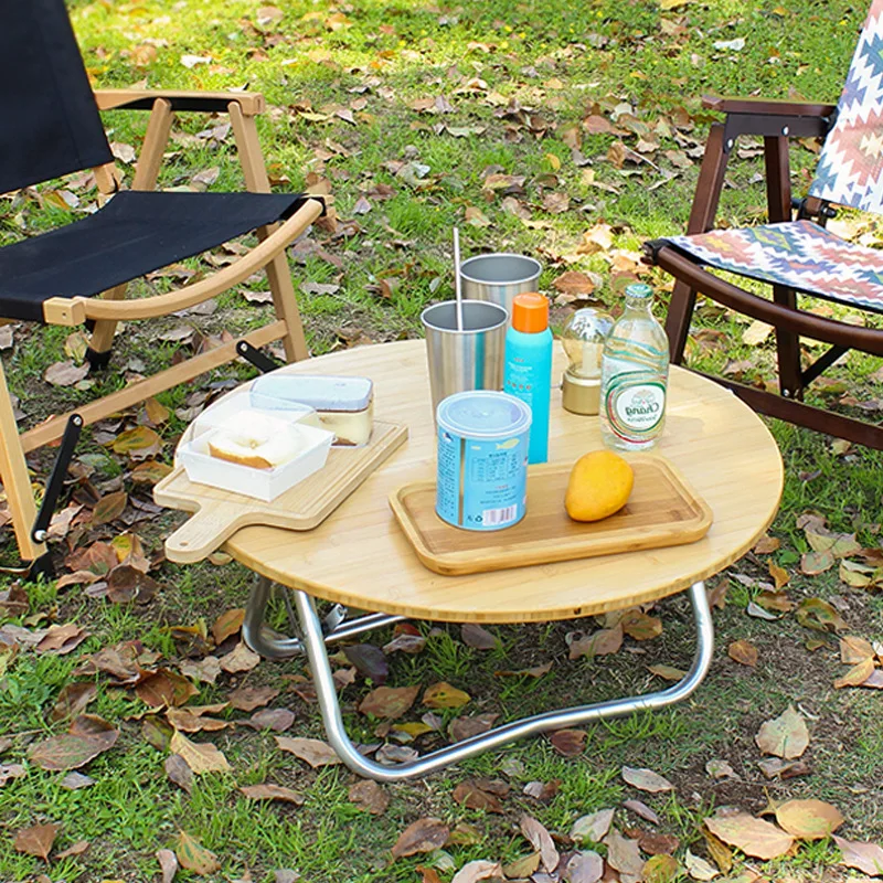 Outdoor Half Folding Round Table Camping Barbecue Picnic Table Portable Foldable Table Bamboo Board Table Aluminium Alloy Table