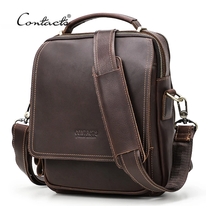 CONTACT\'S Crazy Horse Leather Men Messenge Bag Vintage Crossbody Shoulder Bags Multifunction Small Handbag for 10.5\