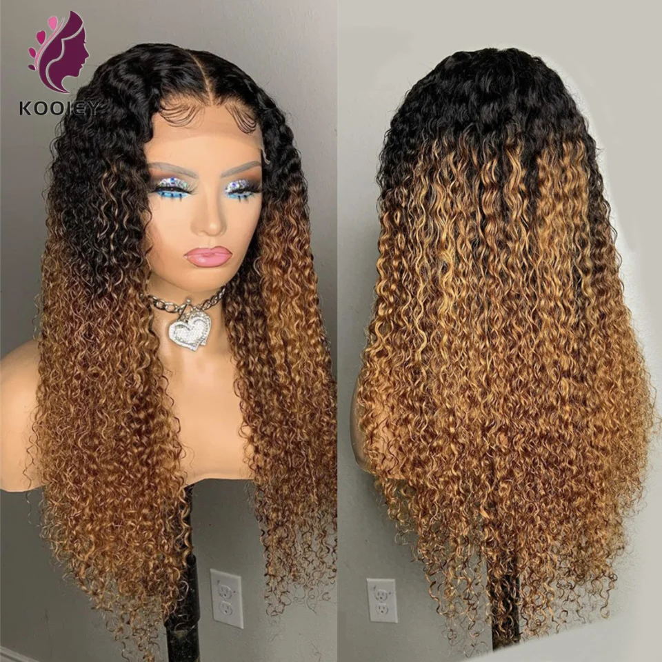 Brasileiro Kinky Curly Lace Front Perucas, Ombre, Loira, Seda Base, Cabelo Humano, Lace Encerramento Peruca, Pré Arrancadas, Ombre Color, 13x6, 1b, 27