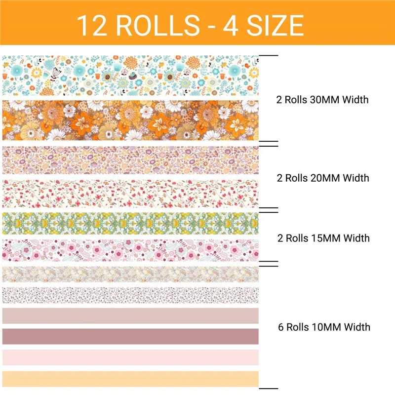 Imagem -02 - Conjunto de Fita Washi de 12 Rolos Fita Japonesa Decorativa de Outono Floral e Estampa de Embalamento para Scrapbook Faça Você Mesmo Planejadores de Artesanato Presentes