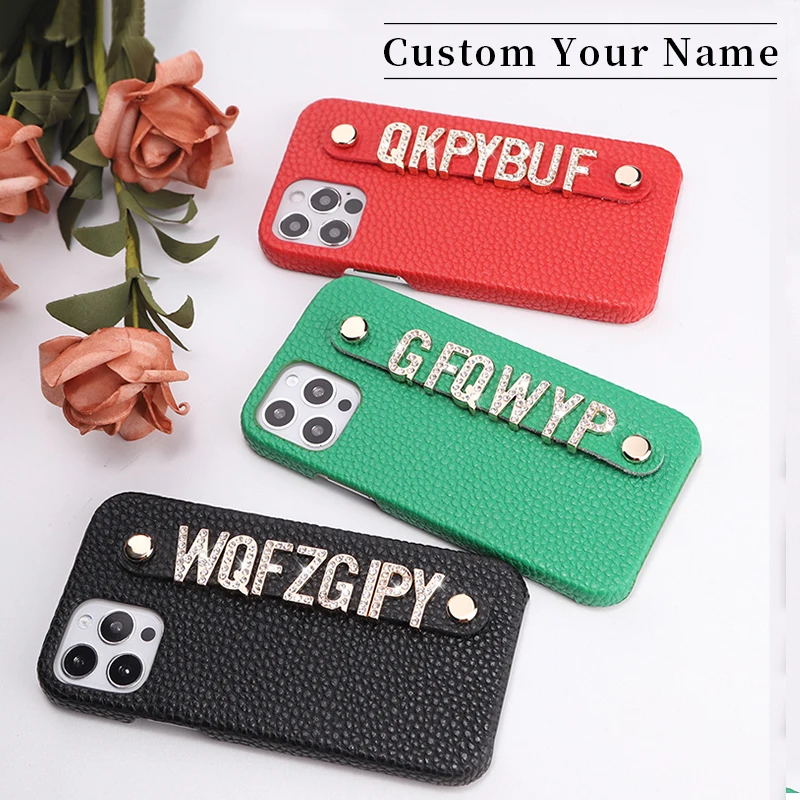 Personalized PU Leather Wristband Phone Case Diamond Metal Letter iPhone 15 14 13 12ProMax 14 15Plus