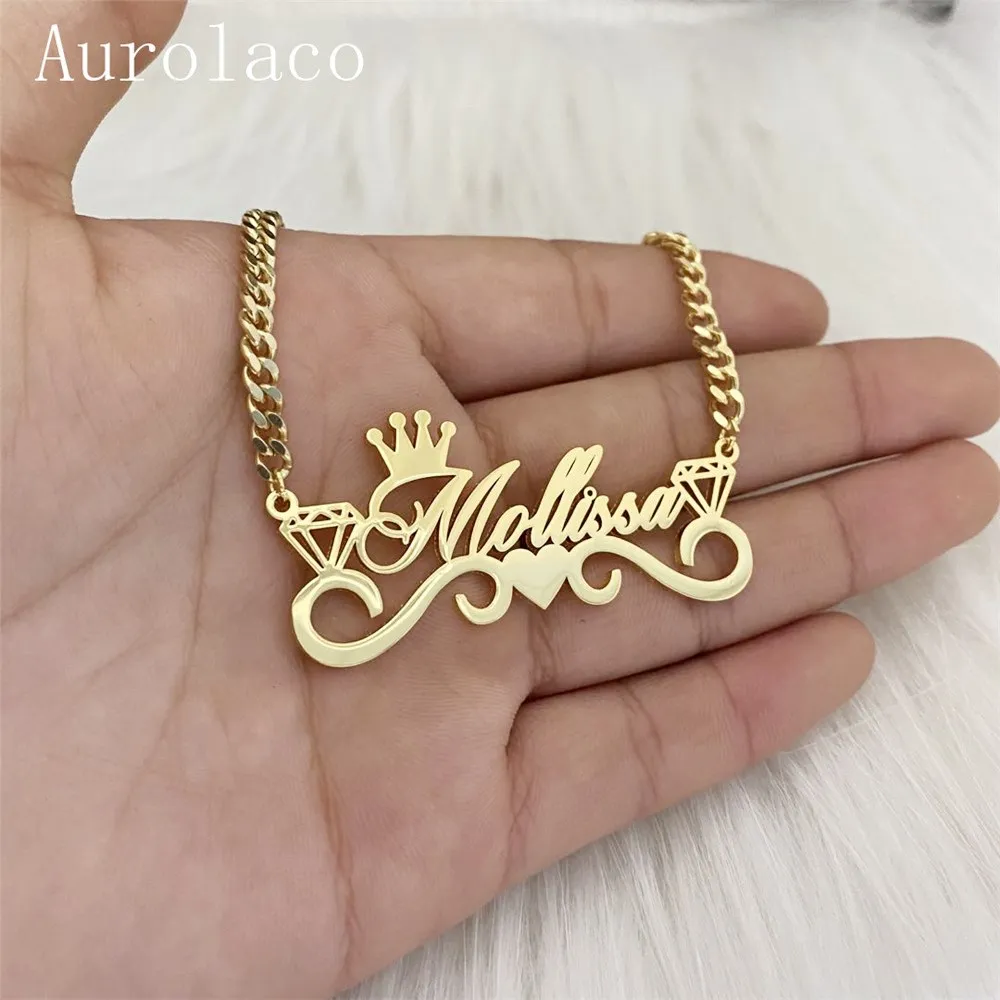 AurolaCo Custom Name Necklace with Crown Personalized Cuban Chain Necklace Stainless Steel Nameplate Necklace for Women Gift