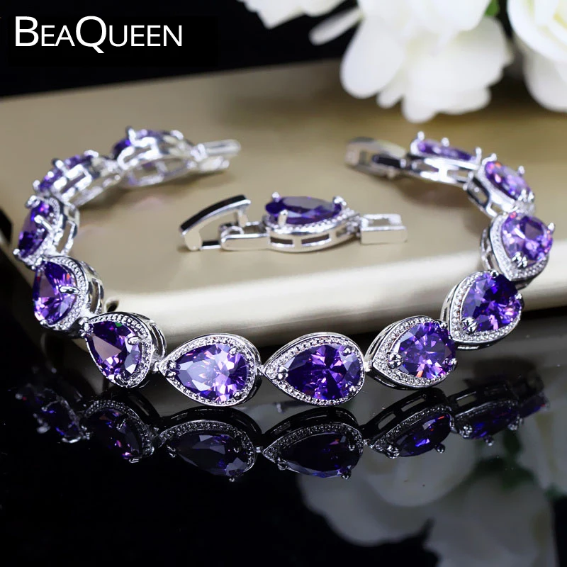 

BeaQueen Top Quality CZ Natural Stone Beads Hand Jewelry Pear Cut Purple Austrian Crystal Connected Bracelets for Women B034