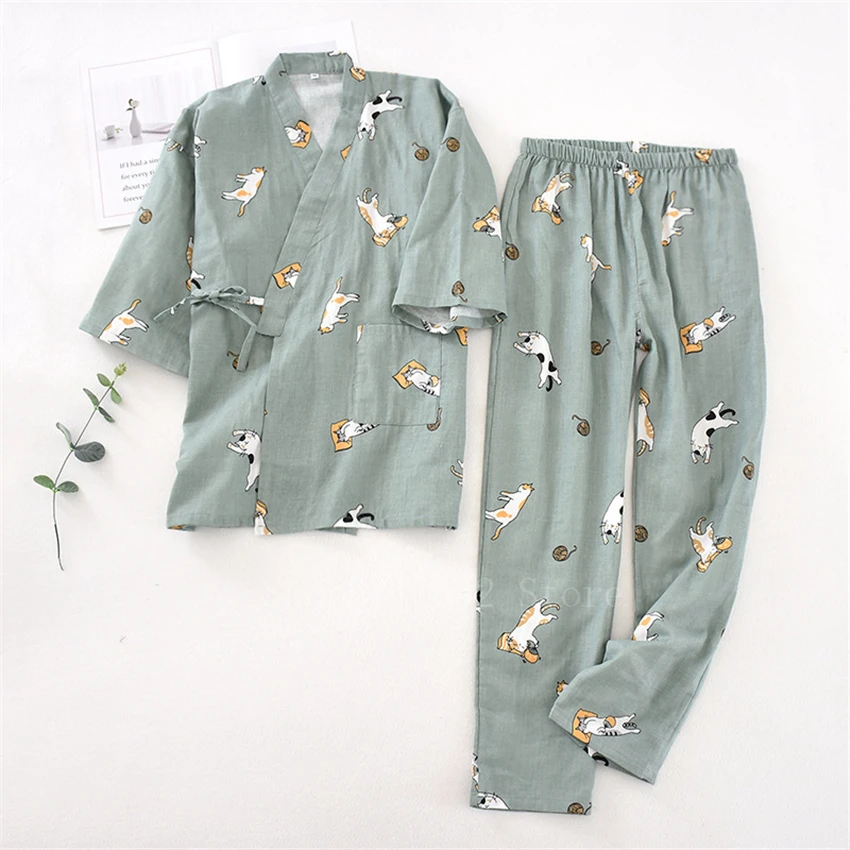 2PCS Japanese Lover Clothing Set Kawaii Cat Printed Kimono Yukata Steaming Wear Pajamas Man Woman Bathrobe Nightgown Japan