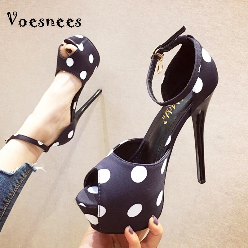 Voesnees Women\'s Shoes 2020 New Stiletto Waterproof Platform Sandals Women Silk Satin Polka Dot Fish Mouth Back Strap High Heels