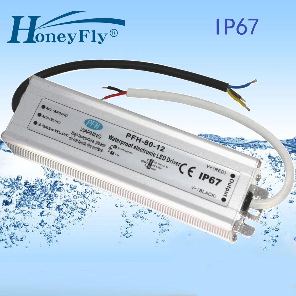 HoneyFly Patented IP67 Waterproof LED Driver 80W 12V24V36V48V AC DC Adapter Transform Led Power Supply 80-265V for LED Lights