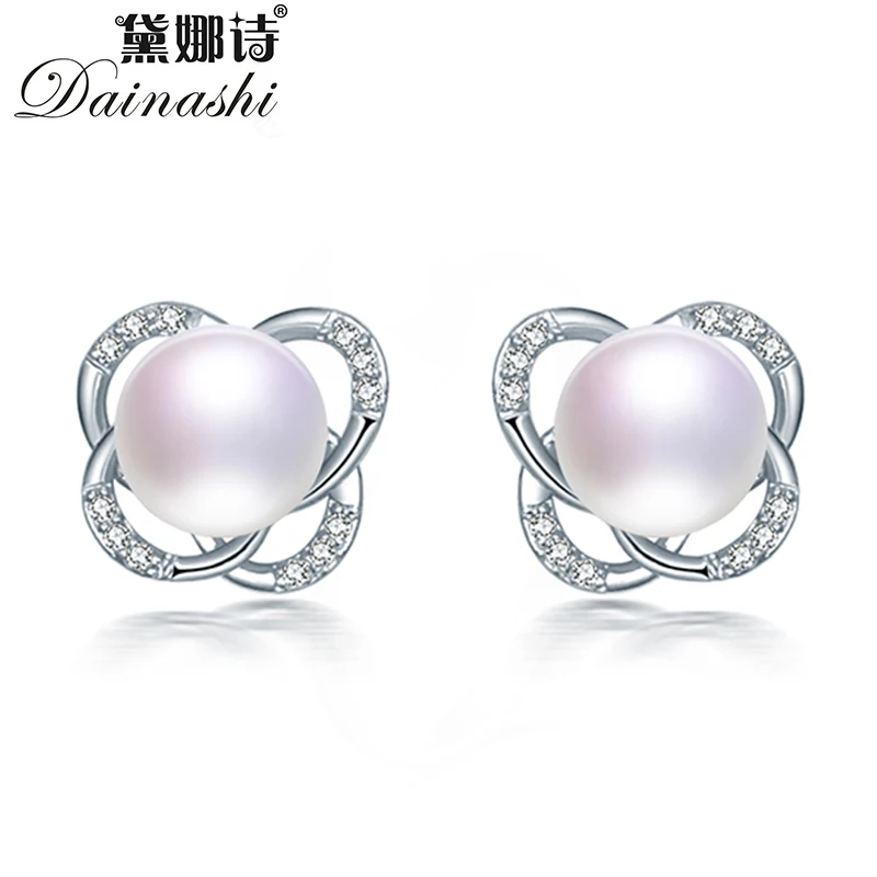 

Dainashi Fashion 100% Genuine Freshwater Cultured Pearl Stud Earrings 925 Sterling Silver Zircon Cross Earrings for Women